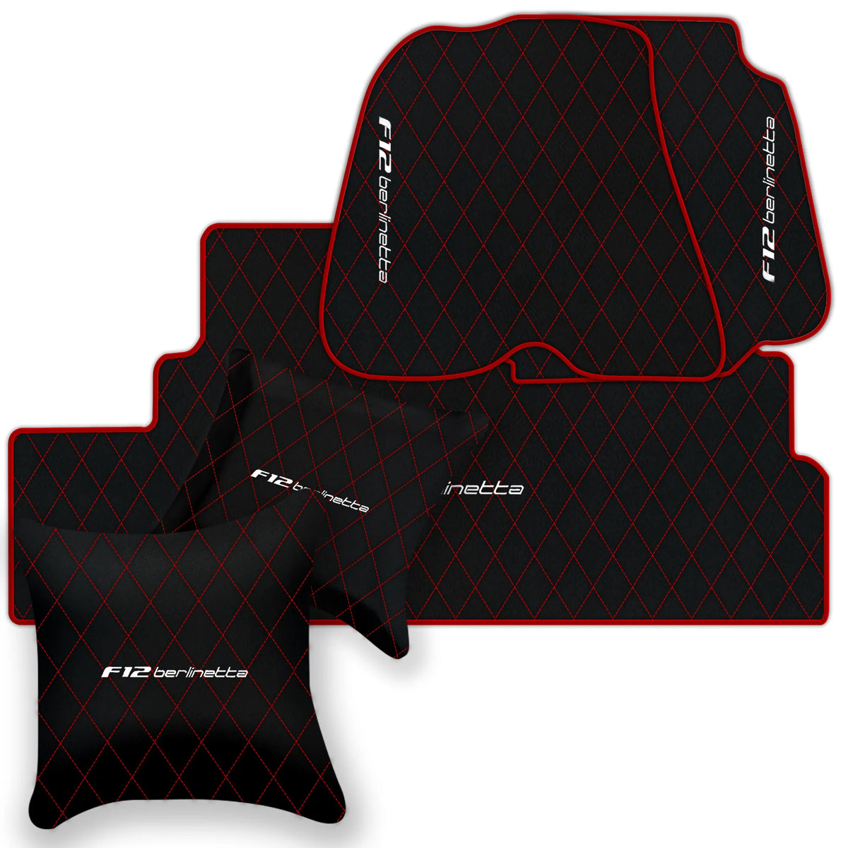 Black Leather Floor Mats for Ferrari F12 Berlinetta (2012-2022) with Single Diamond Pattern | Full Set Option