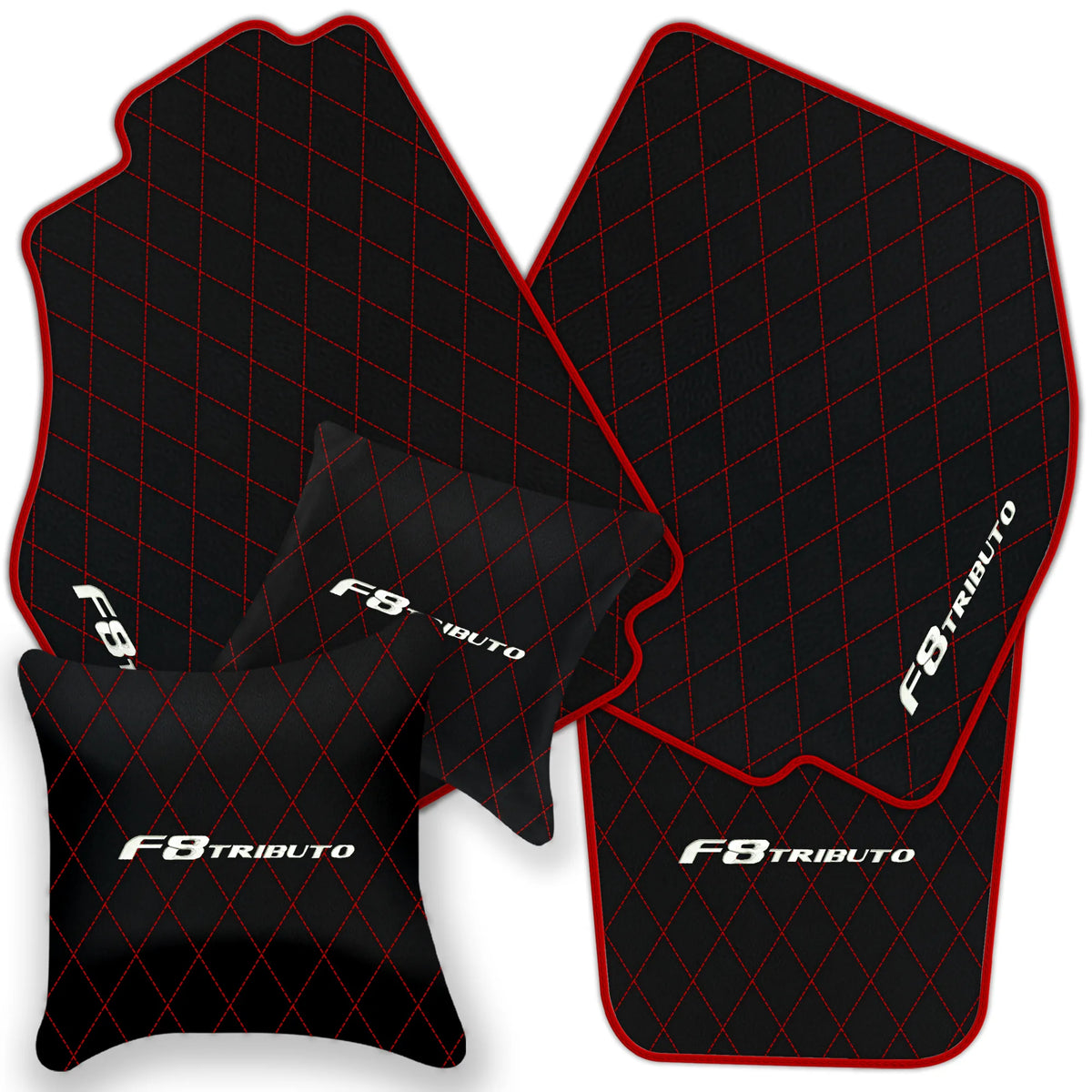 Black Leather Floor Mats for Ferrari F8 Tributo (2019-2023) with Single Diamond Pattern | Full Set Option