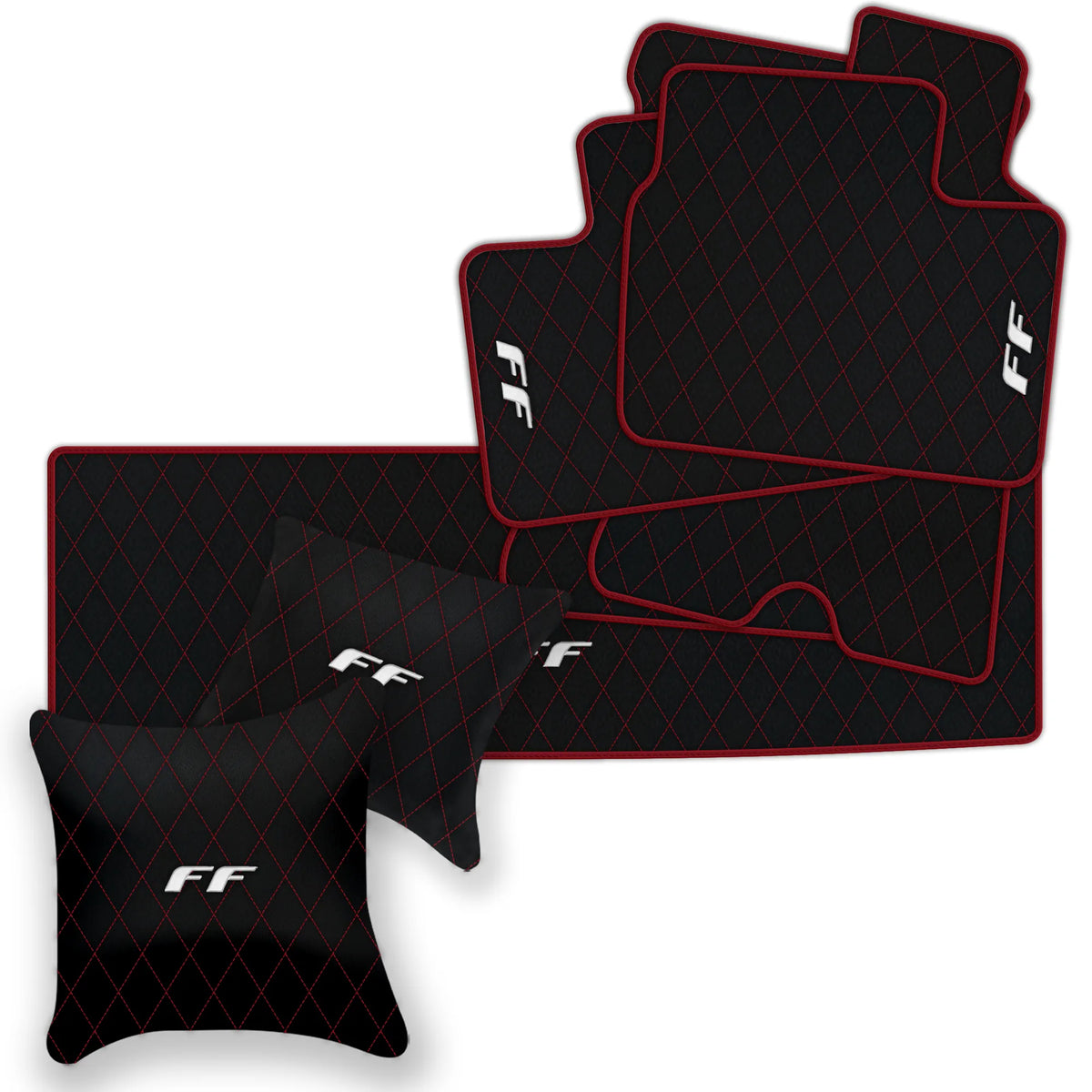 Black Leather Floor Mats for Ferrari FF (2011-2016) with Single Diamond Pattern | Full Set Option