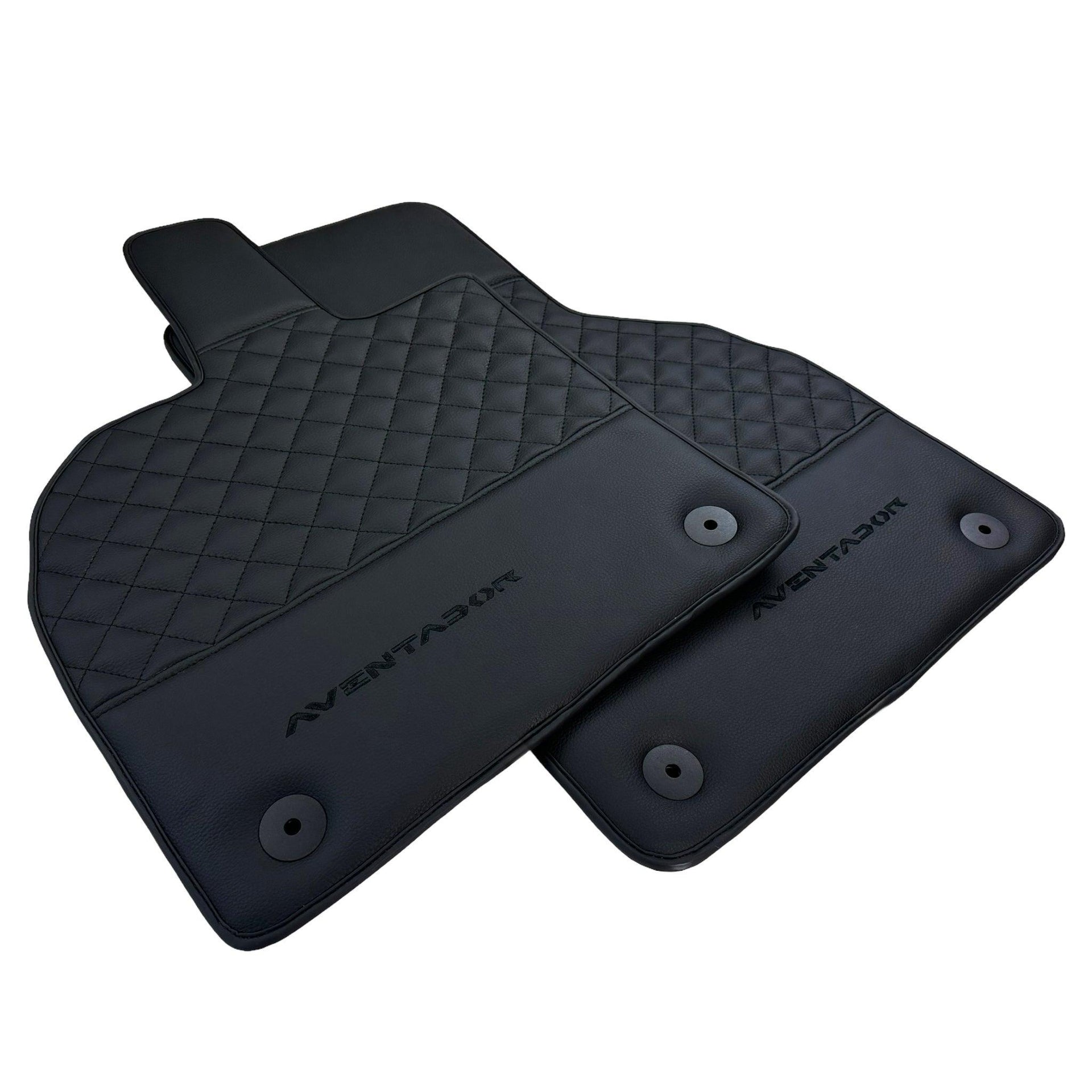 Black Leather Floor Mats for Lamborghini Aventador | Black Stitching - AutoWin