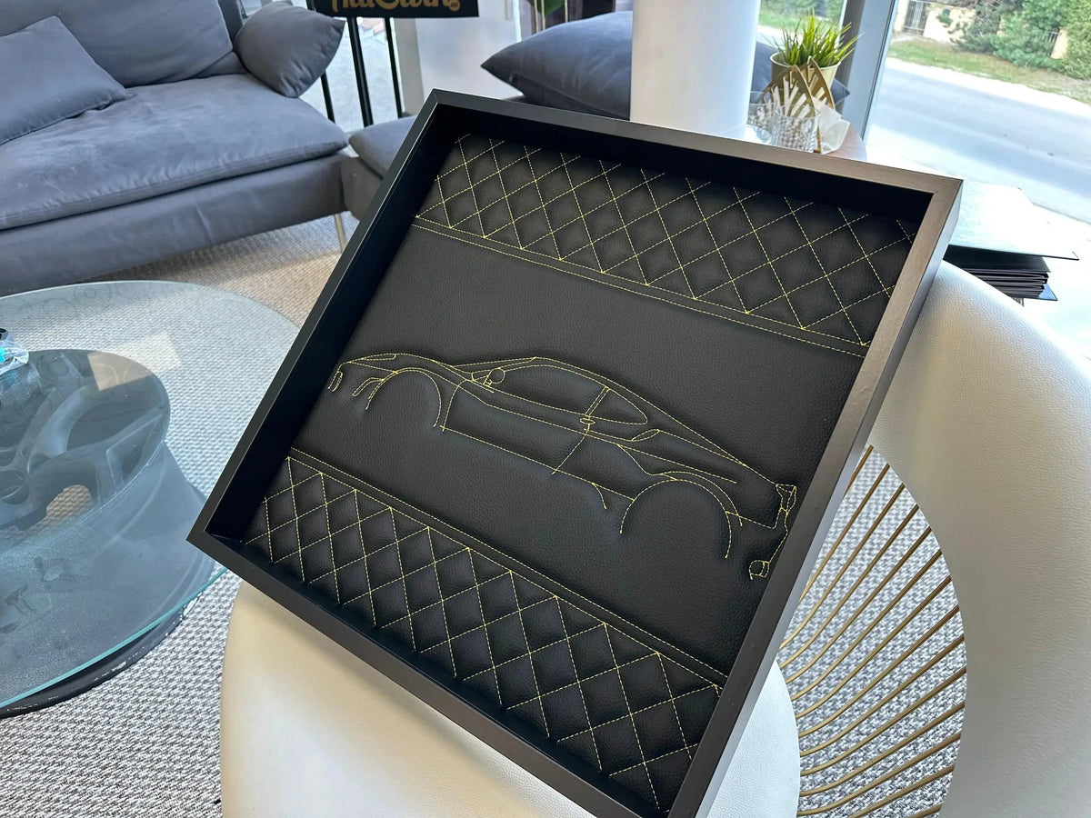 Black Leather Ferrari 458 Inspired Wall Art: Embroidered Yellow Stitch Luxury Decor - AutoWin