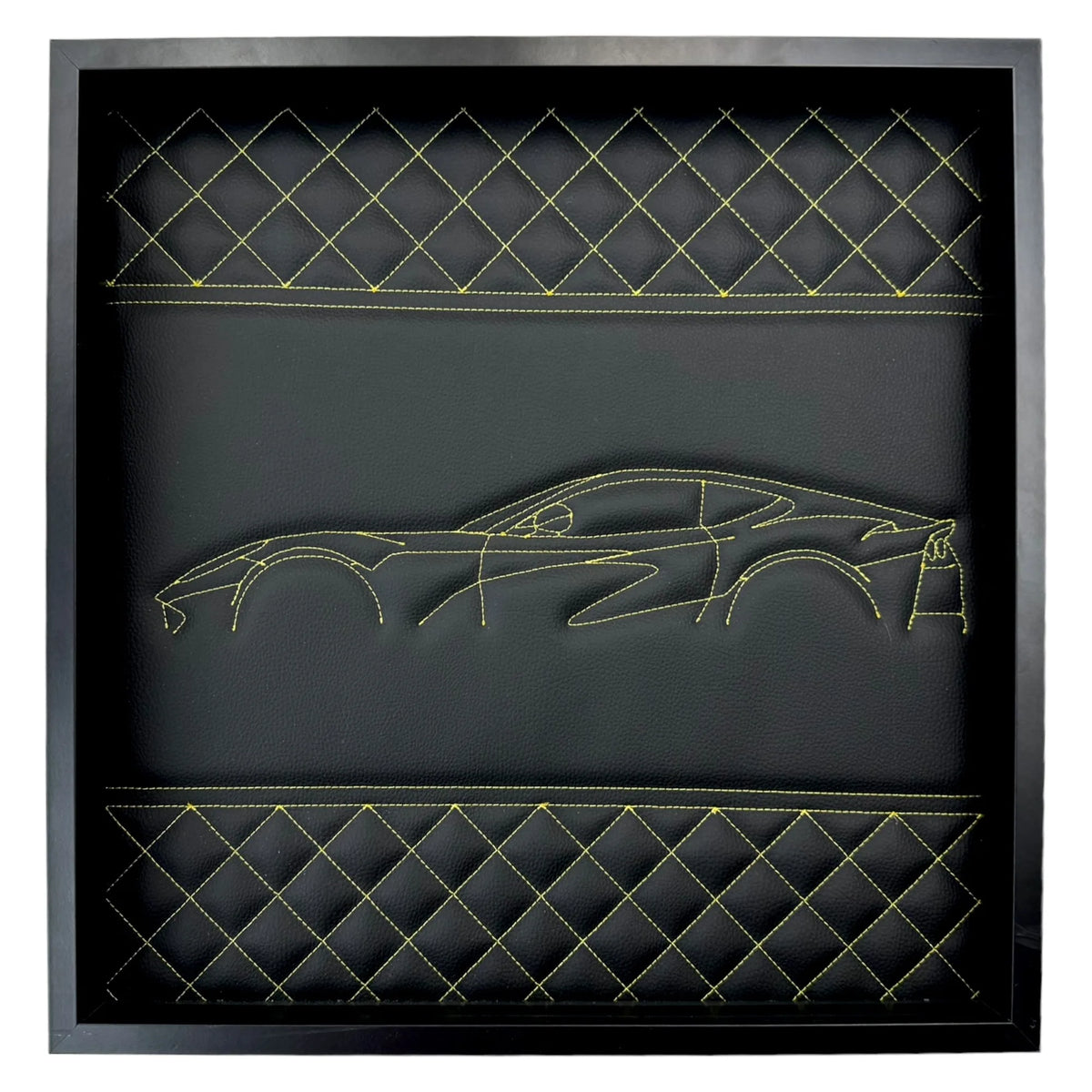 Black Leather Inspired Wall Art: Embroidered Yellow Stitch Luxury Decor