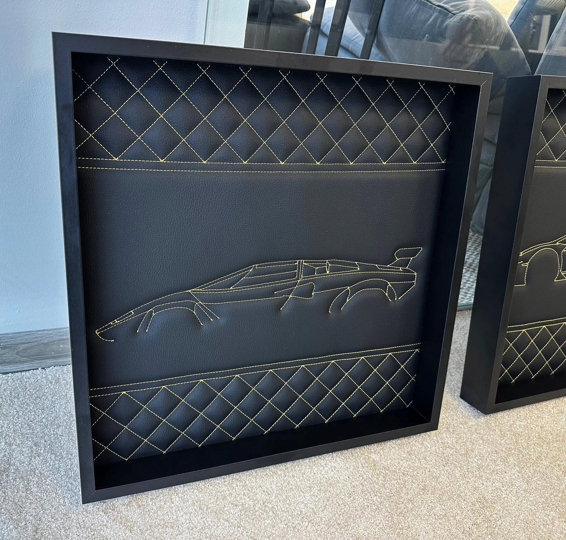 Black Leather Lamborghini Countach Inspired Wall Art: Embroidered Yellow Stitch Luxury Decor - AutoWin