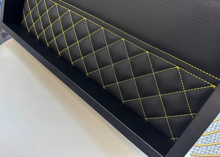 Black Leather Lamborghini Huracan Inspired Wall Art: Embroidered Yellow Stitch Luxury Decor - AutoWin