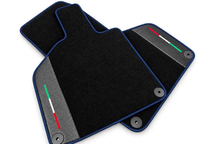 Custom Black Floor Mats for Lamborghini Huracan with Carbon Fiber Leather Dark Blue trim