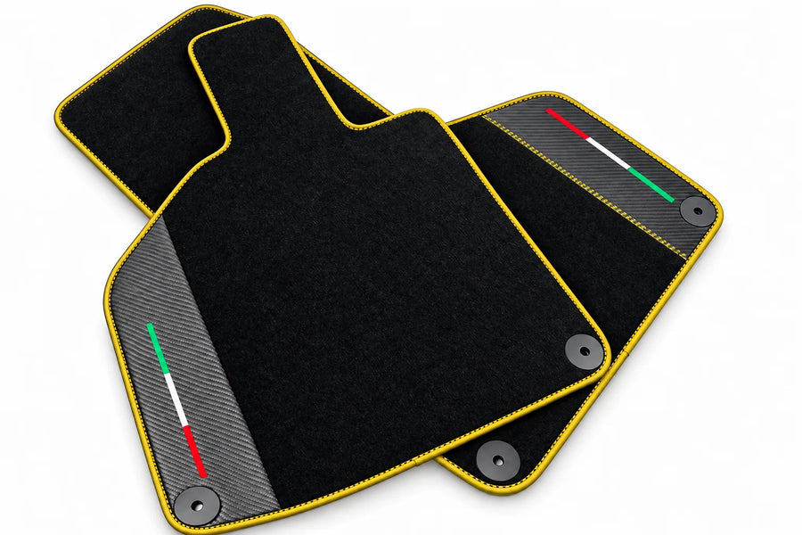 Custom Black Floor Mats for Lamborghini Huracan with Carbon Fiber Leather Yellow trim