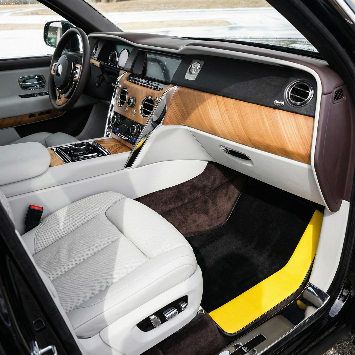 Interior look of floor mats for Custom Black Floor Mats For Rolls Royce Cullinan Yellow Leather
