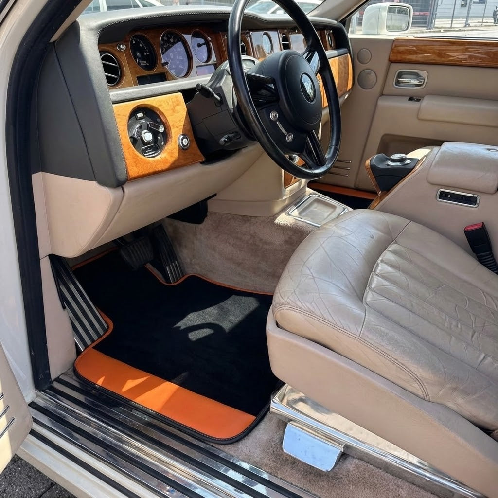 Custom Floor Mats for Rolls Royce Phantom Sedan (2003-2016) with Orange Leather