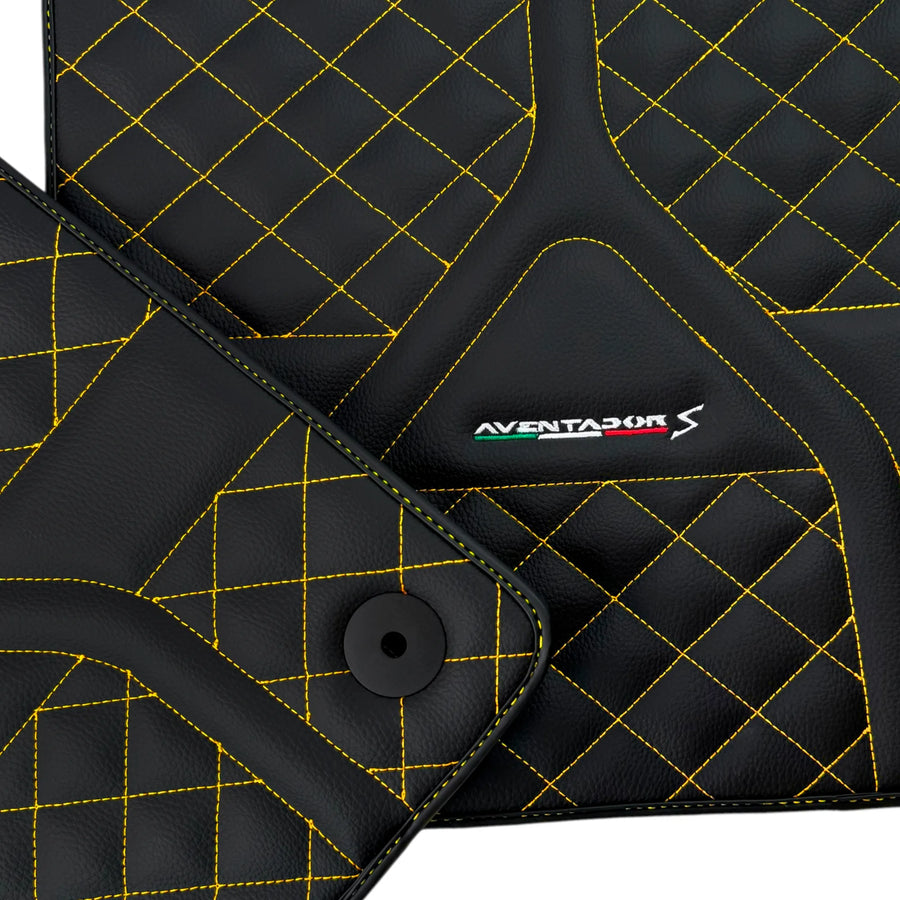 Customizable Black Leather Floor Mats for Lamborghini Aventador S | Yellow Stitching