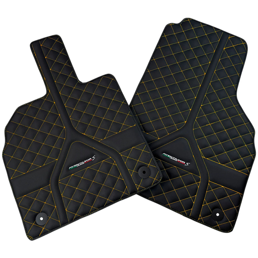 Customizable Black Leather Floor Mats for Lamborghini Aventador S | Yellow Stitching
