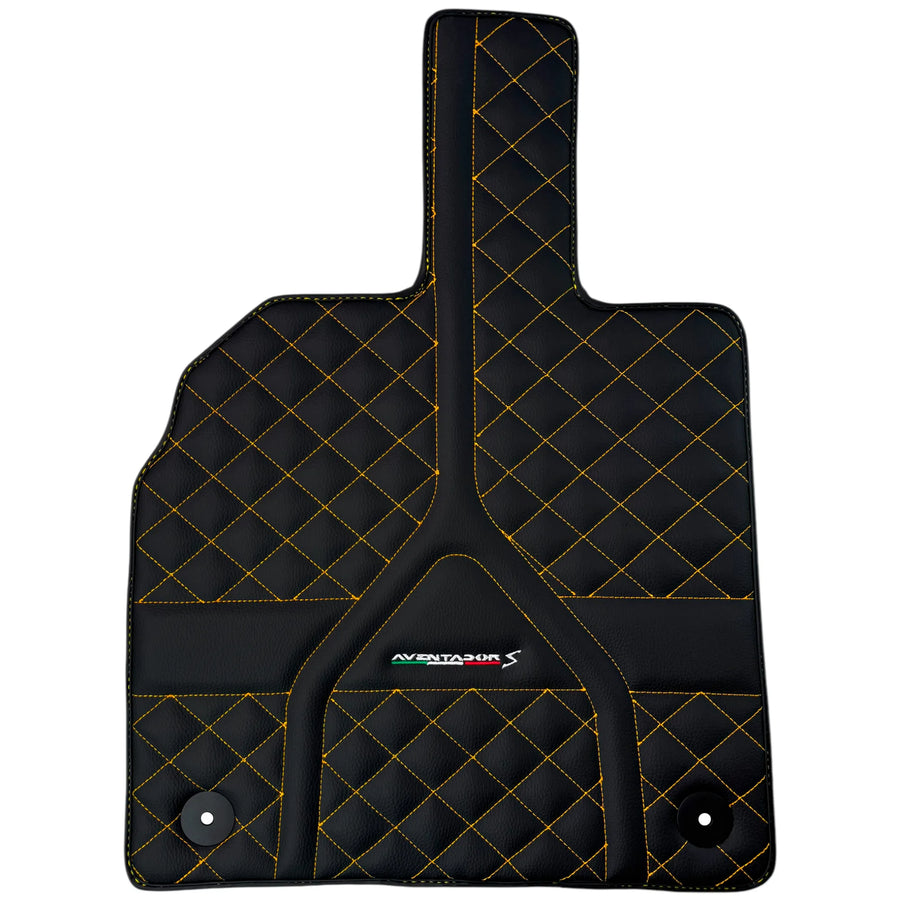 Customizable Black Leather Floor Mats for Lamborghini Aventador S | Yellow Stitching
