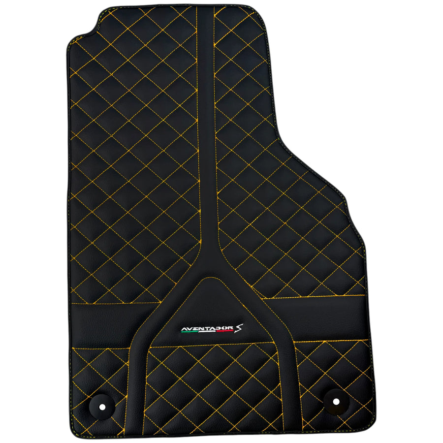 Customizable Black Leather Floor Mats for Lamborghini Aventador S | Yellow Stitching