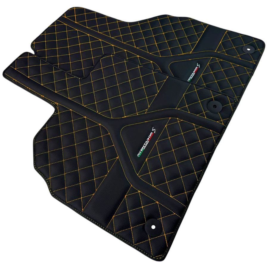 Customizable Black Leather Floor Mats for Lamborghini Aventador S | Yellow Stitching