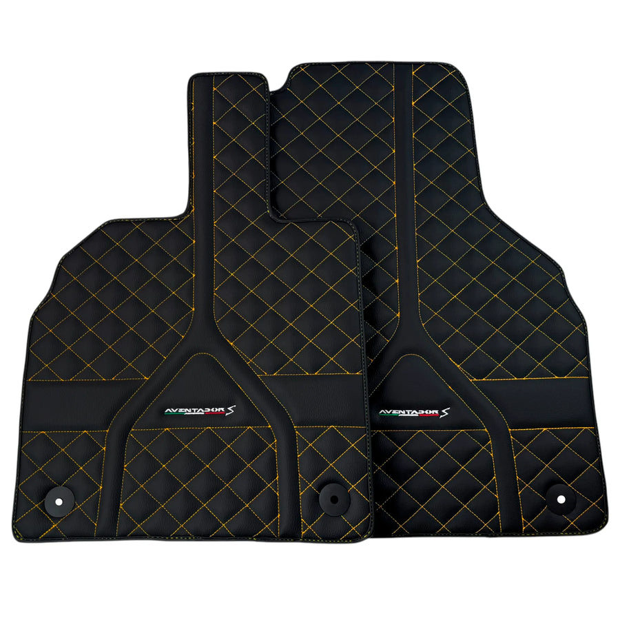Customizable Black Leather Floor Mats for Lamborghini Aventador S | Yellow Stitching