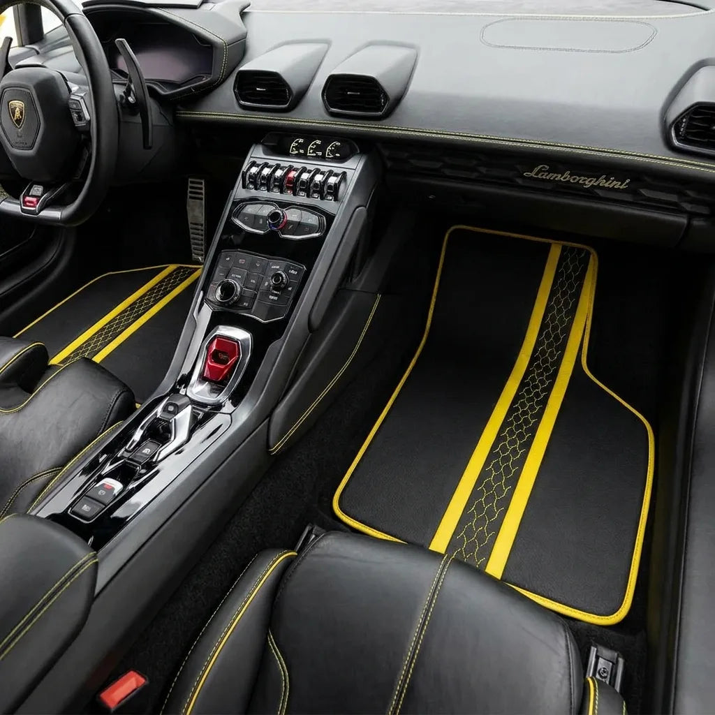 Customizable Leather Floor Mats with AW20 Pattern for Lamborghini Huracan EVO (2019-2024) inside the vehicle