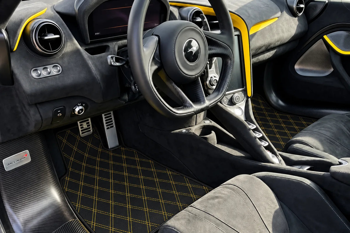 Customizable Leather Floor Mats with Double Diamond Pattern for McLaren 750S (2023-2025) inside the vehicle