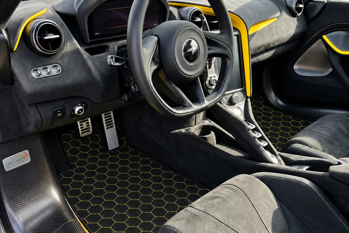 Customizable Leather Floor Mats with Hex Pattern for McLaren 750S (2023-2025) inside the vehicle