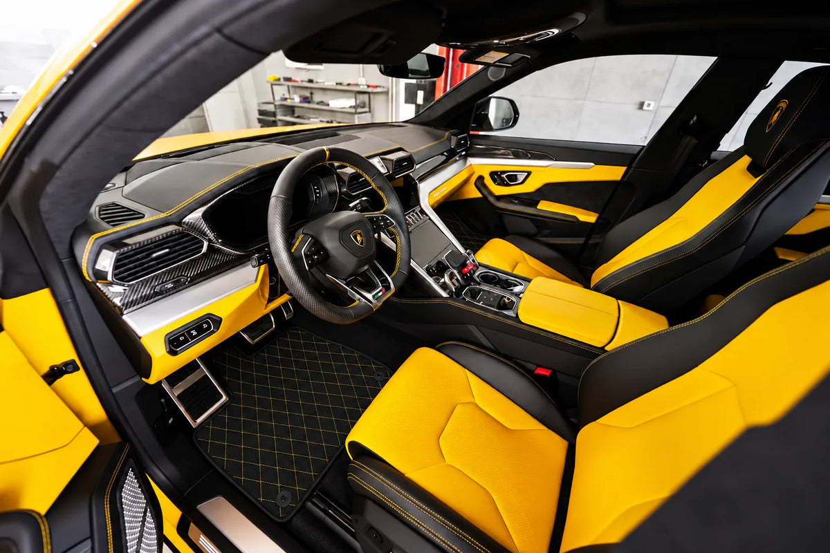 Customizable Leather Floor Mats with Single Diamond Pattern for Lamborghini Urus (2018-2027) inside the vehicle