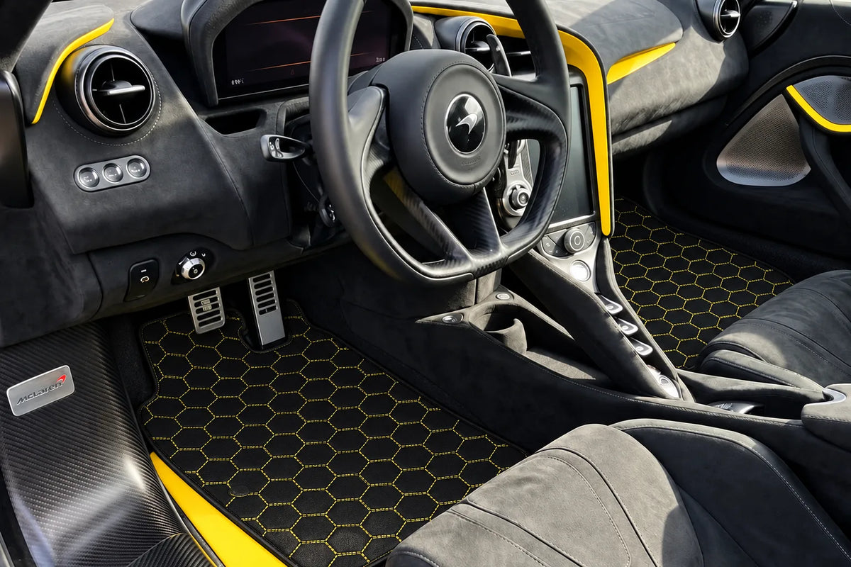 Customizable Leather Floor Mats with Symmetrical Hex Pattern for McLaren 750S (2023-2025) inside the vehicle