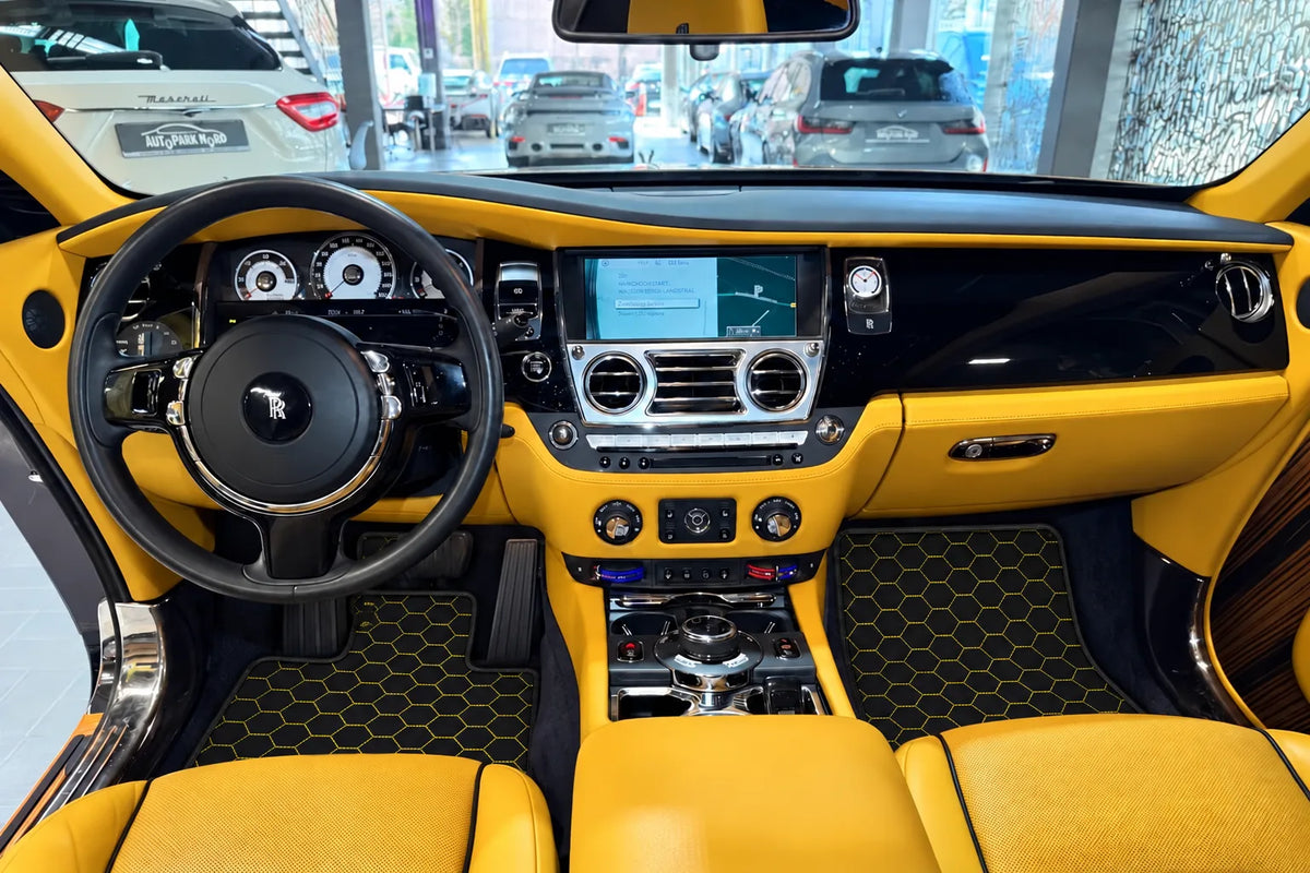 Customizable Leather Floor Mats with Symmetrical Hex Pattern for Rolls Royce Wraith (2013–2023) inside the vehicle
