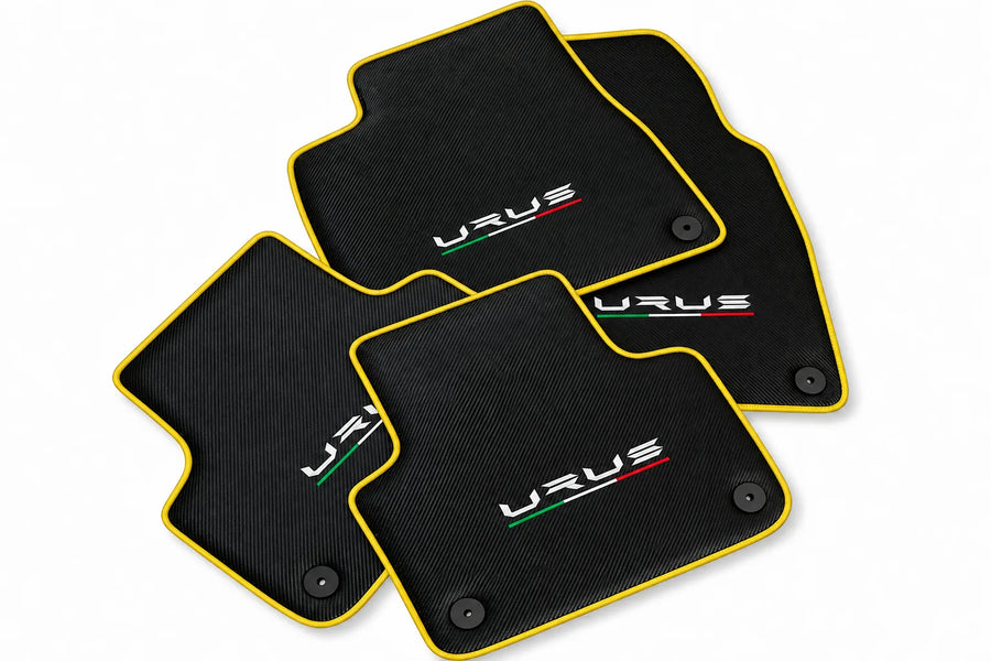 Floor Mats For Lamborghini Urus Made From Carbon Fiber Leather Yellow trim