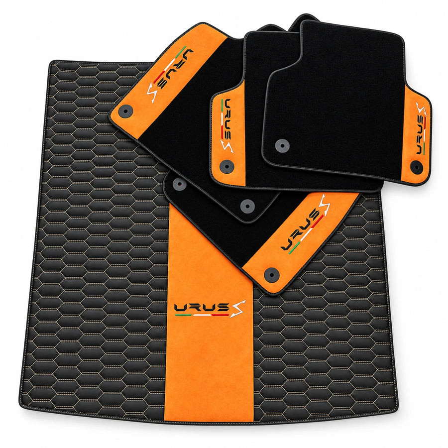 Floor Mats Set with Trunk Mat For Lamborghini Urus S With Orange Alcantara Leather - AutoWin