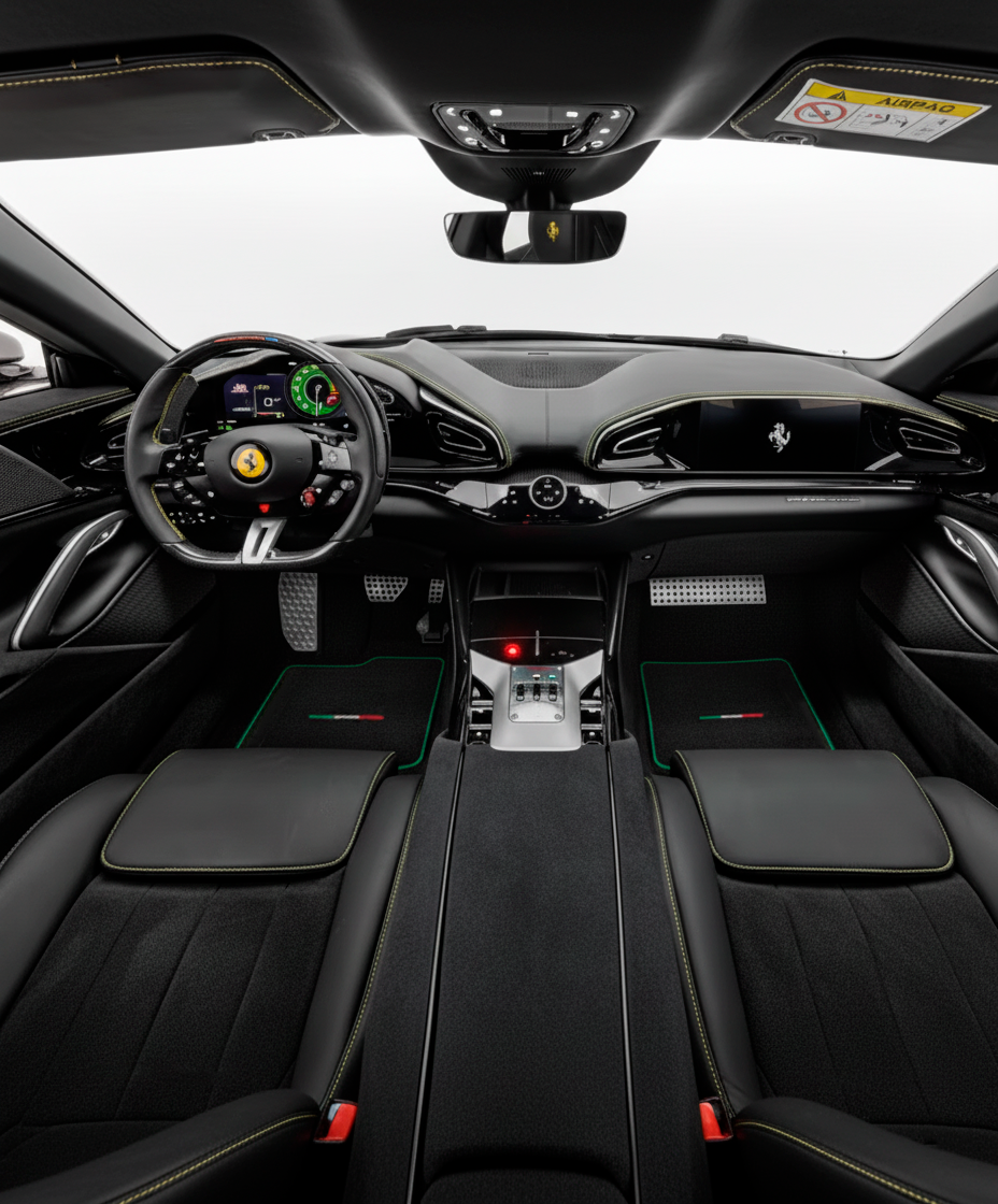 Schwarze Fußmatten für Ferrari Purosangue mit grünem Rand | Italienische Ausgabe