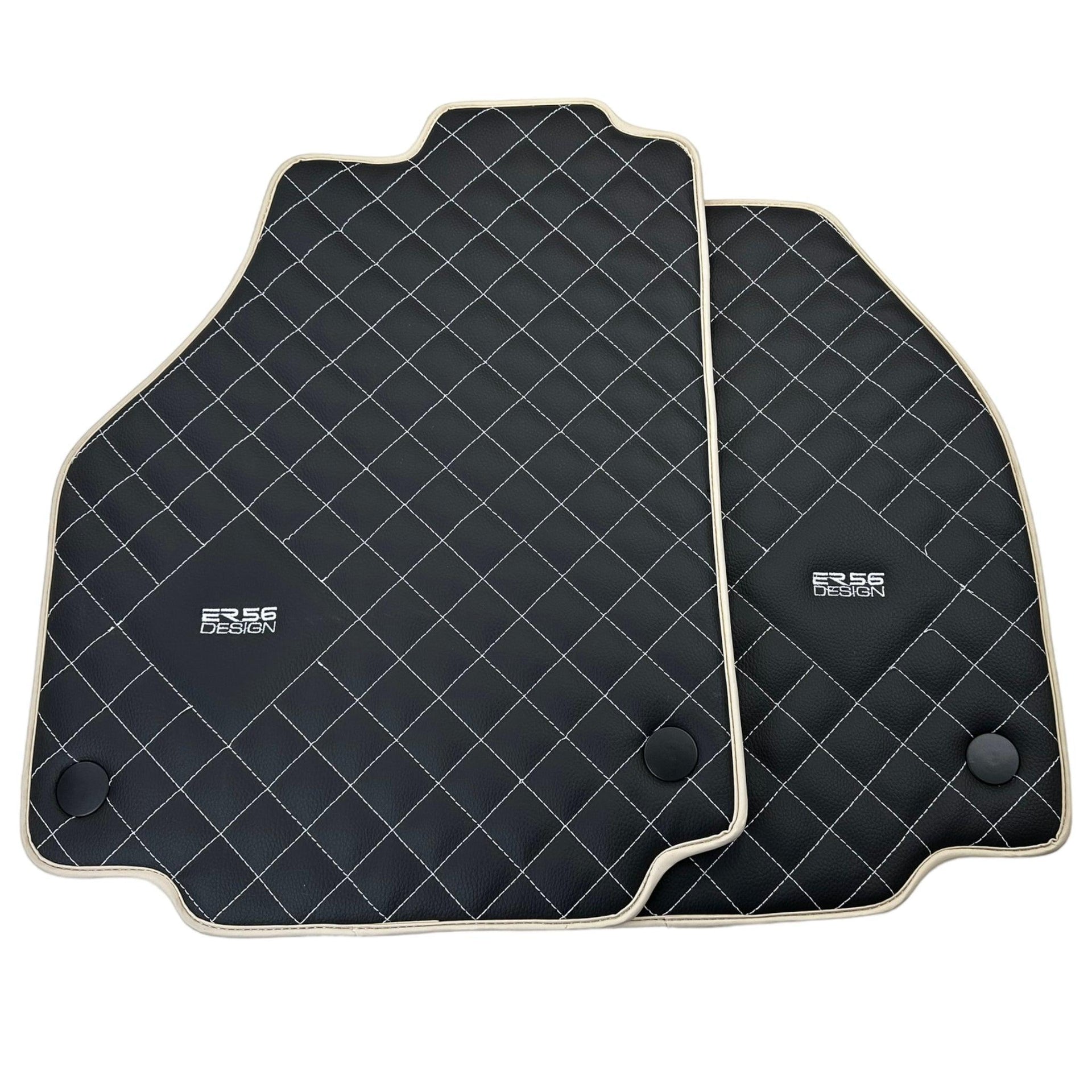 Leather Floor Mats for Ferrari 488 Spider 2015-2022 with White Sewing ER56 Design | Beige Trim - AutoWin