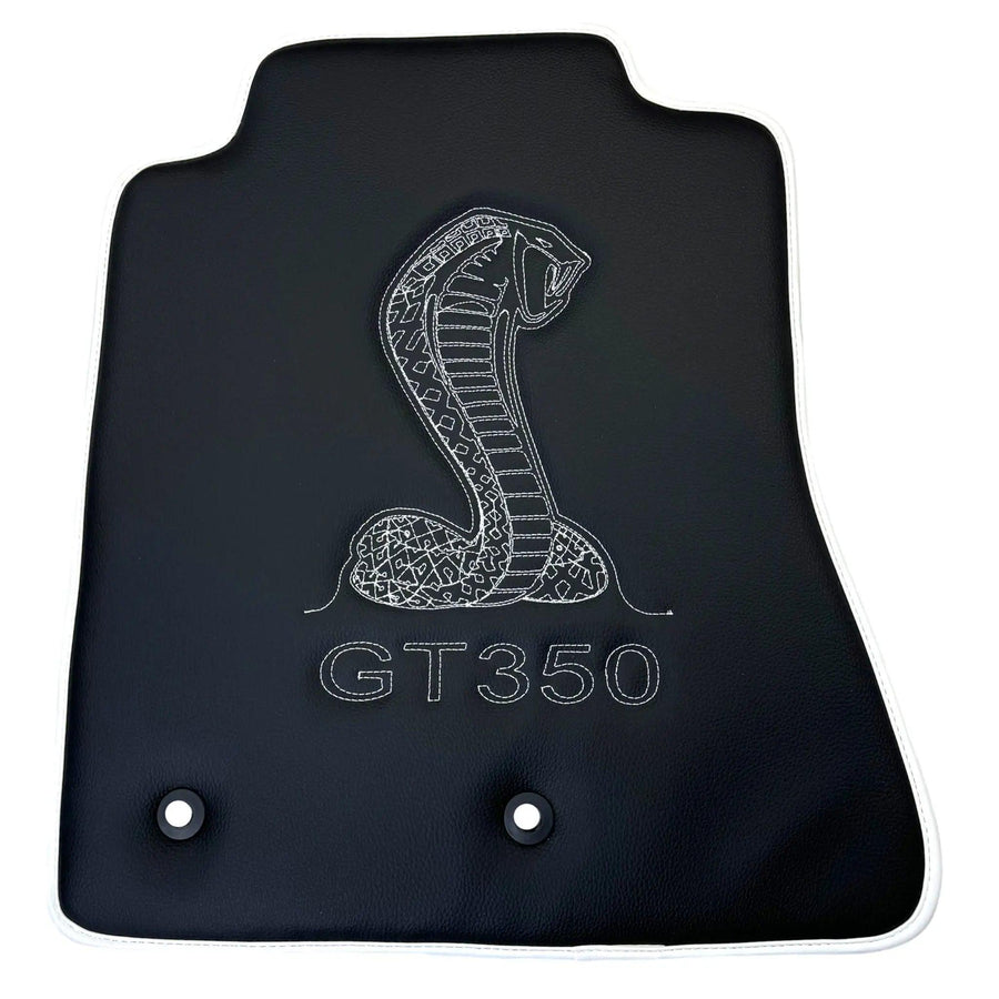 Leather Floor Mats for Ford Mustang GT350 Shelby (2015-2021) with Cobra Sewing | White Trim - AutoWin