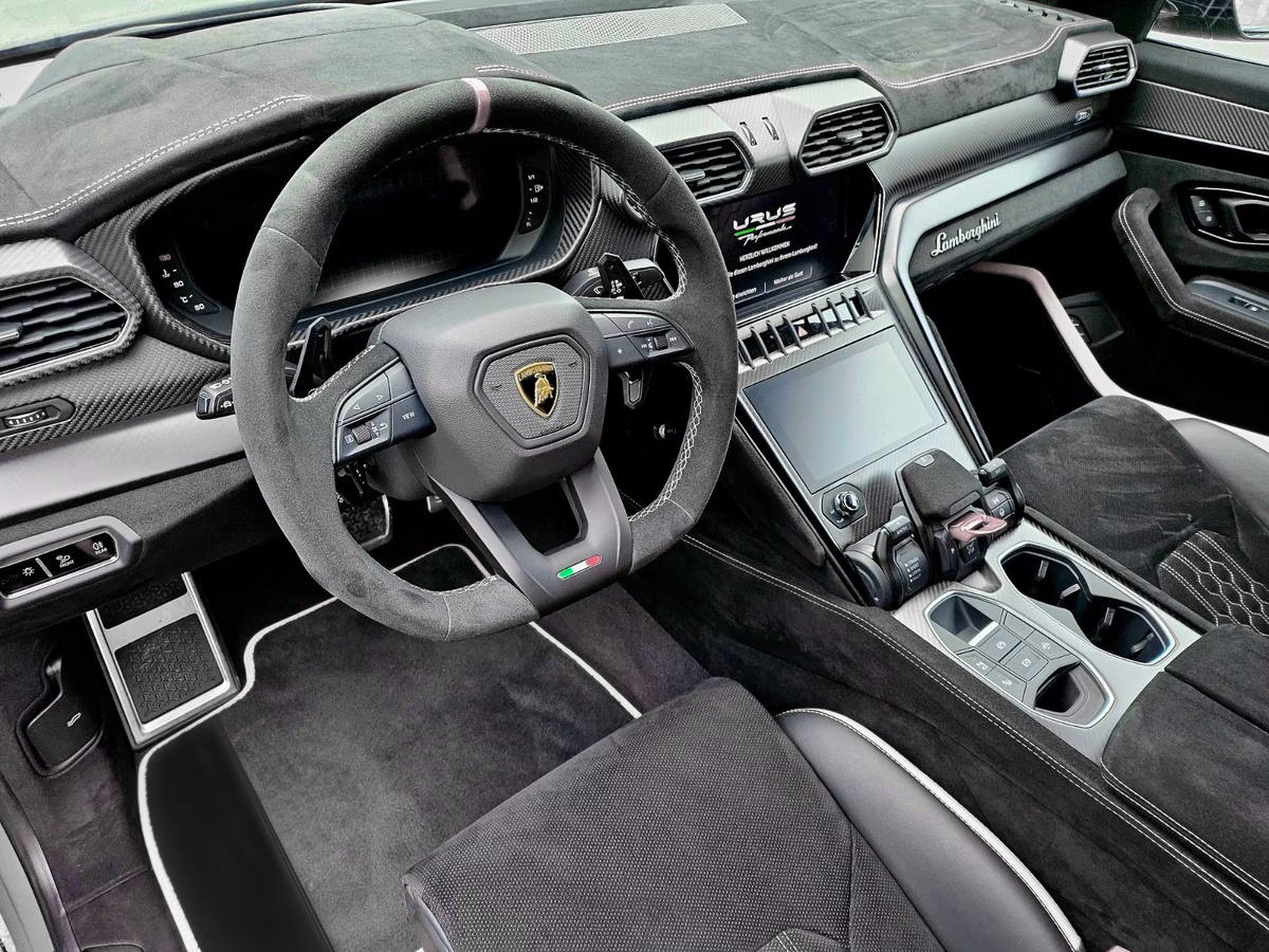 Interior look of floor mats for Customizable Black Floor Mats For Lamborghini Urus With Alcantara Leather White Trim