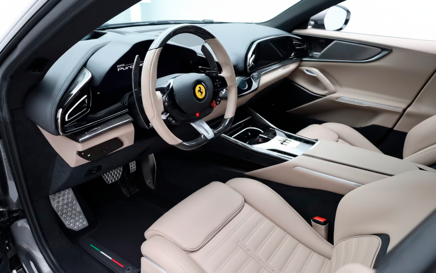 Schwarze Fußmatten für Ferrari Purosangue mit Leder und schwarzem Rand | Italienische Ausgabe