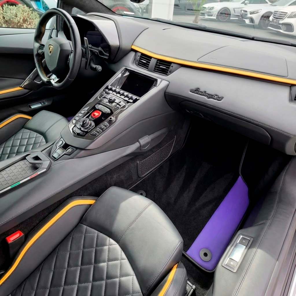 Customizable Purple Leather Black Floor Mats for Lamborghini Aventador | Black Trim