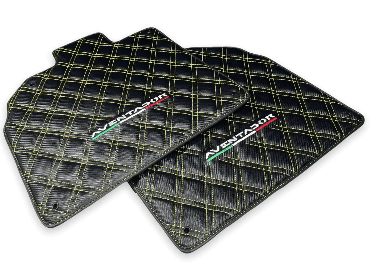 Floor Mats for Lamborghini Aventador Carbon Fiber Leather Yellow Stitching - AutoWin