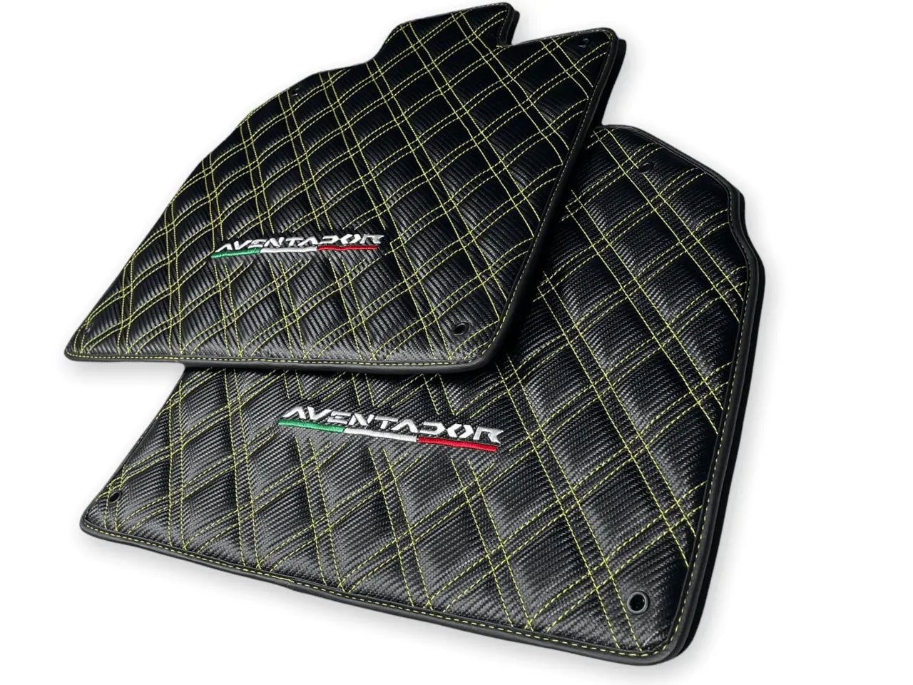 Floor Mats for Lamborghini Aventador Carbon Fiber Leather Yellow Stitching - AutoWin