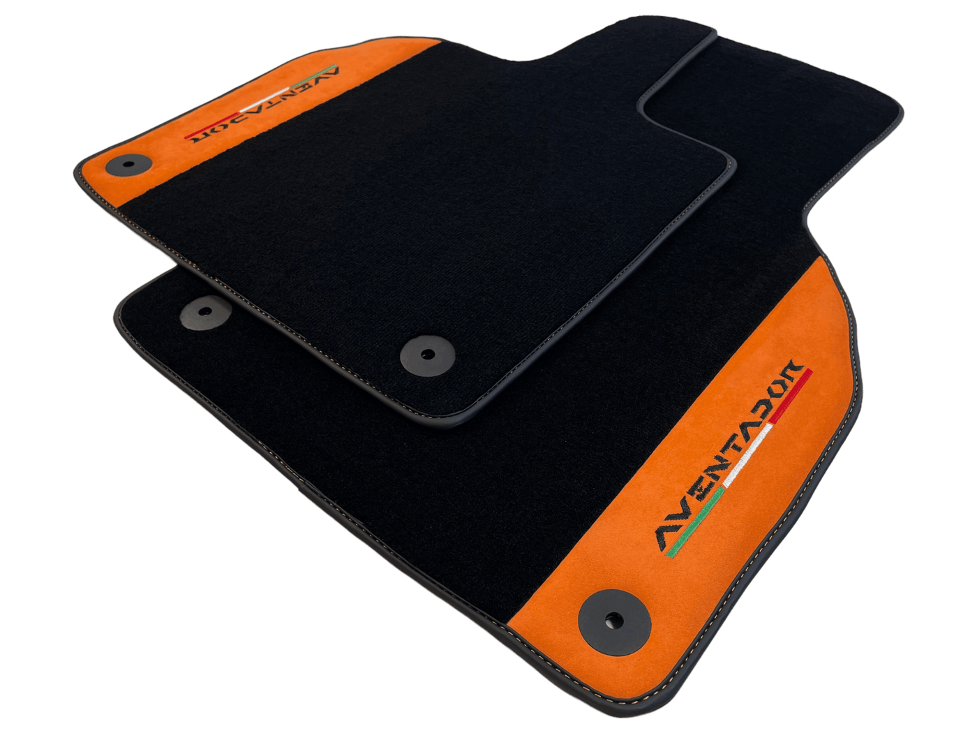 Black Floor Mats for Lamborghini Aventador With Orange Alcantara Leather - AutoWin