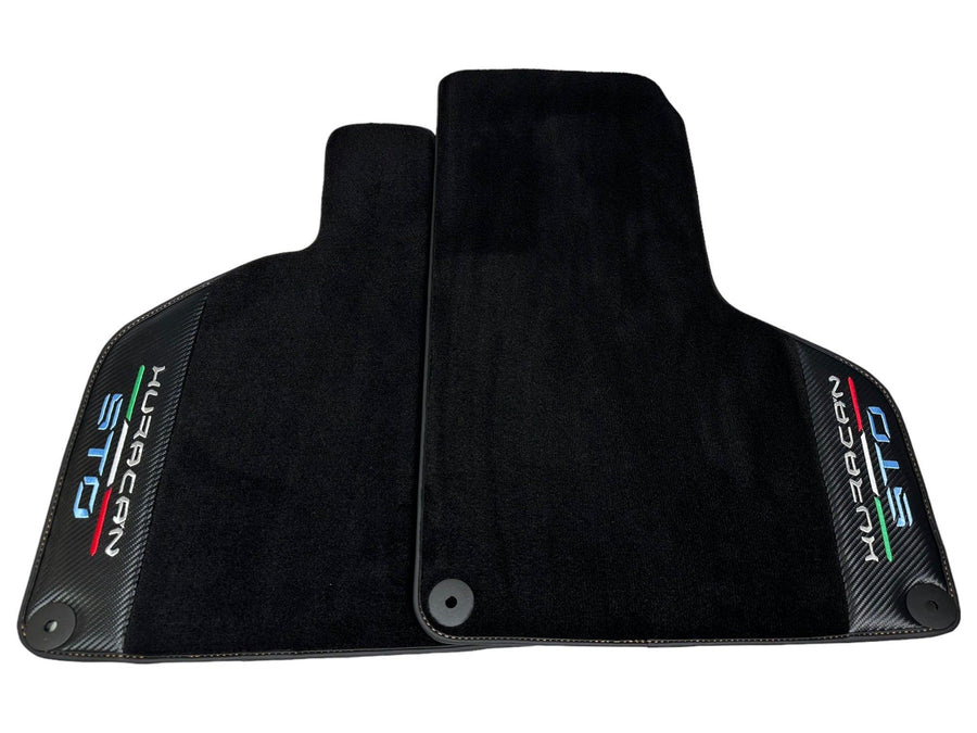 Huracan STO Black Mats: Carbon Fiber Leather & Orange Sewing