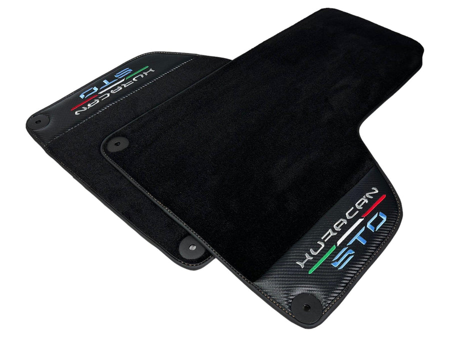 Huracan STO Black Mats: Carbon Fiber Leather & Orange Sewing