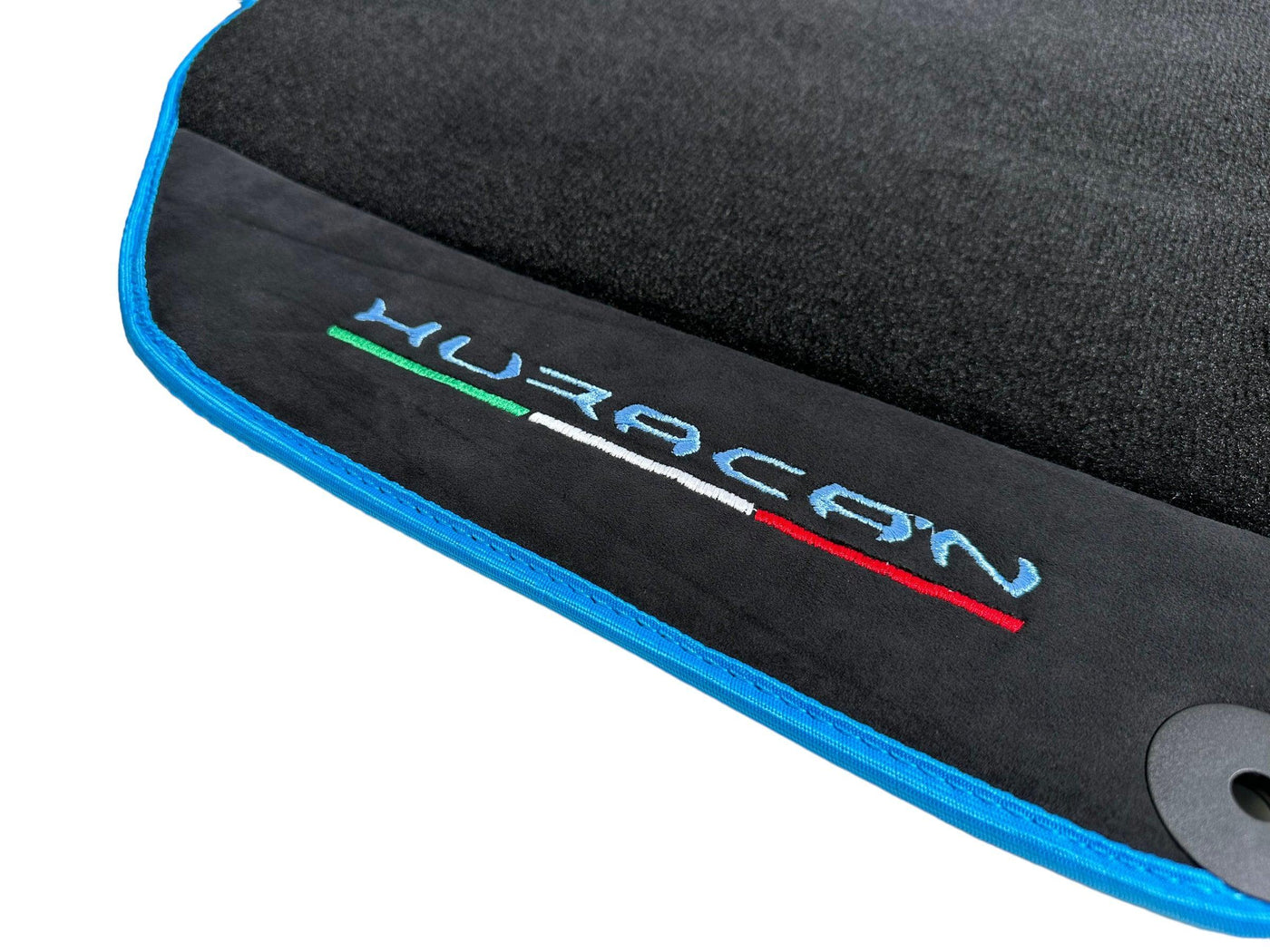 Black Floor Mats for Lamborghini Huracan With Alcantara Leather Light Blue Trim - AutoWin