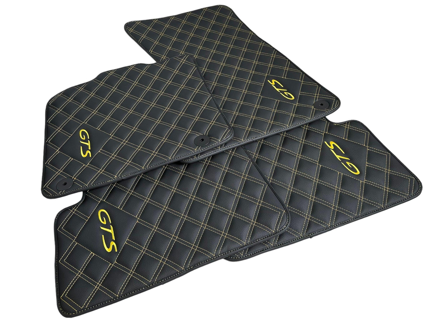 Black Leather Floor Mats for Porsche Macan GTS Yellow Sewing - AutoWin