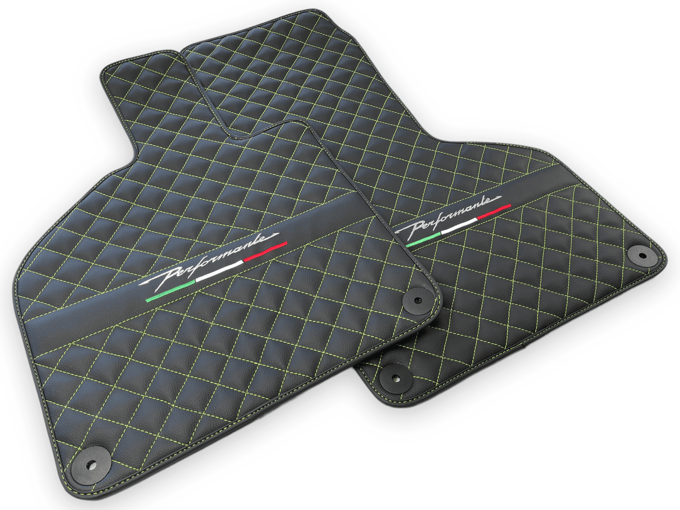 Black Leather Floor Mats for Lamborghini Huracan Perfomante | Green Stitching - AutoWin