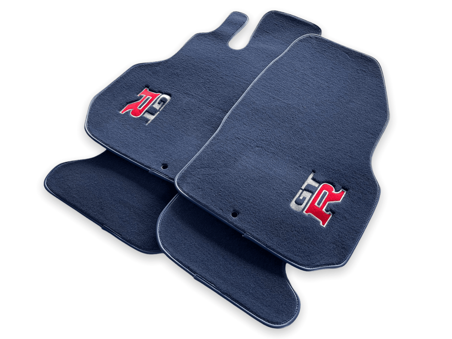 Floor Mats for Nissan GT-R Tailored Dark Blue Carpets Set With GTR Emblem - AutoWin