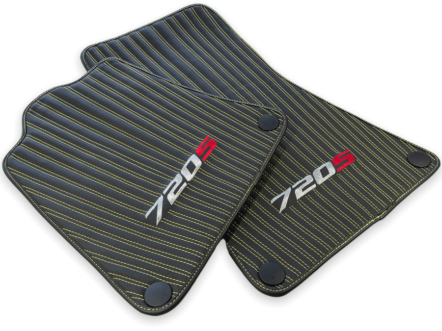 Leather Floor Mats For McLaren 720S Black Tailored Yellow Sewing - AutoWin