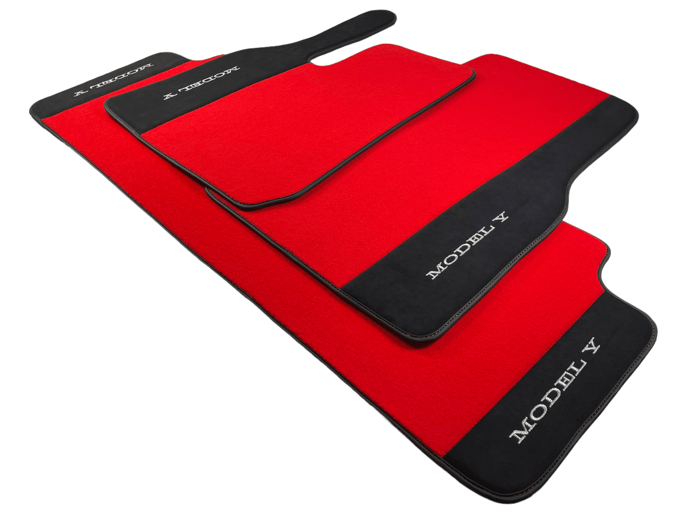 Red Floor Mats For Tesla Model Y With Alcantara Leather - AutoWin
