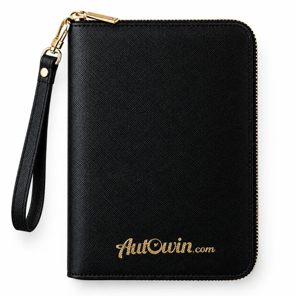 Black leather document holder with a gold AutoWin logo